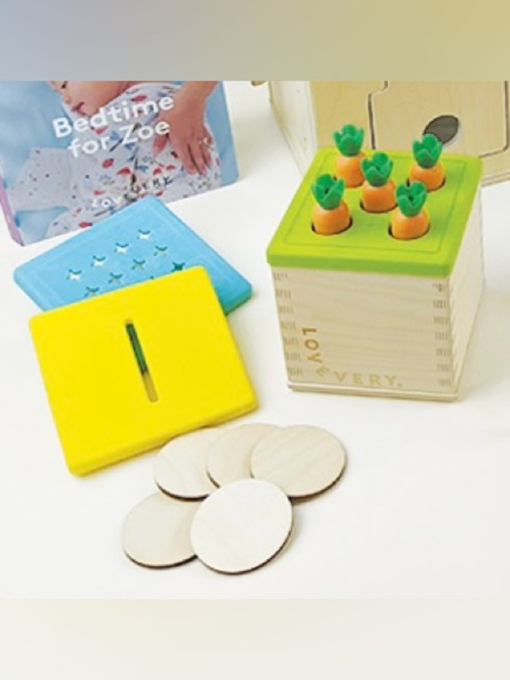 Lovevery Wooden Coin Bank Set (with Carrot and Q-Tip Lid Alternates)